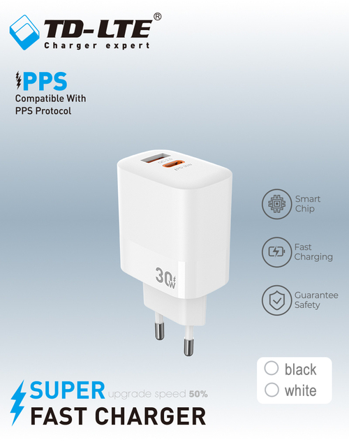 30W EU Plug Dual USB PD QC3.0 Fireproof Fast Charger OVP Mini Portable Wall Charger USB-C/USB-A for Camera Earphone Laptop