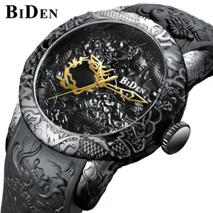 BIDEN 0129 marka adı çin mens quartz saat orijinal silikon kayış ejderha büyük vintage Casual kol saati