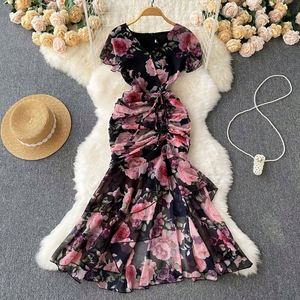 Vestido Maxi de Verano con Cuello en V, Manga Corta, Estampado, Estilo Trompeta/Sirena, Tejido Ecológico, Cintura Imperio, Retro, Casual, para Fiesta - Product Image 3