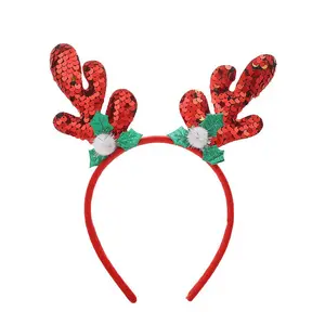 Neuankömmling Weihnachten Pailletten Stoff Stirnbänder Mädchen Weihnachten Hirsch Dekorationen Geweih Glocke Stirnband Haarschmuck für Frauen