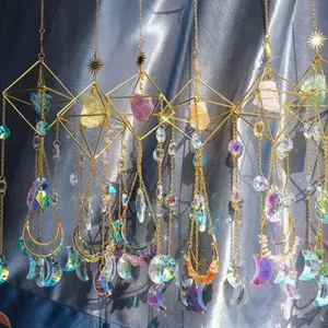 Натуральный исцеляющий Кристалл ручной работы, подвесной Радужный кристалл, луна, солнце, Ловец ветра, колокольчики для украшения окон сада