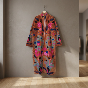 <b>Women</b> Hand <b>Embroidered</b> Suzani Velvet Coat Brown Floral Paisley Motif Long Duster <b>Jacket</b> Open Front Kimono Robe Boho Winter - Product Image 1