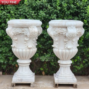 YOUFINE Paire de pots à fleurs en marbre <span class=keywords><strong>blanc</strong></span> sculptés à la main avec un relief floral, jardinière en pierre avec piédestal carré pour la décoration de la villa, du jardin ou de la porte - Product Image 3