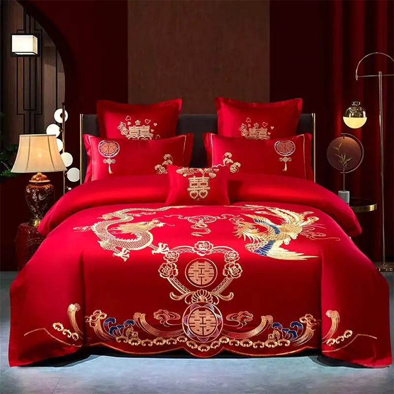 2023 Luxury Home Textile Cotton Wedding Embroidery Solid Color Bridal Bed Sheet Red Wedding Bedding Set