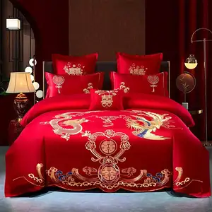 Juego de ropa de cama de algodón para el hogar, Sábana nupcial de Color sólido, bordado de boda, de lujo, Color rojo, 2023