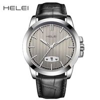 Montre à quartz décontractée pour homme de la marque HELEI, bracelet en cuir, boîtier en alliage, design simple, cadran à aiguilles, affichage lumineux et calendrier