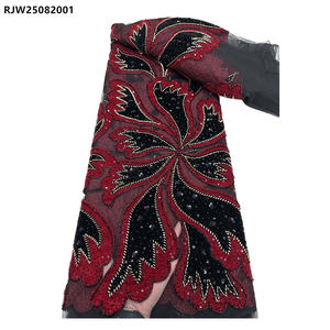 Abito da festa in velluto con perline in <span class=keywords><strong>Tulle</strong></span> francese <span class=keywords><strong>tessuto</strong></span> di pizzo bellissimo velluto <span class=keywords><strong>rosso</strong></span> con fiori ricamati con paillettes - Product Image 1