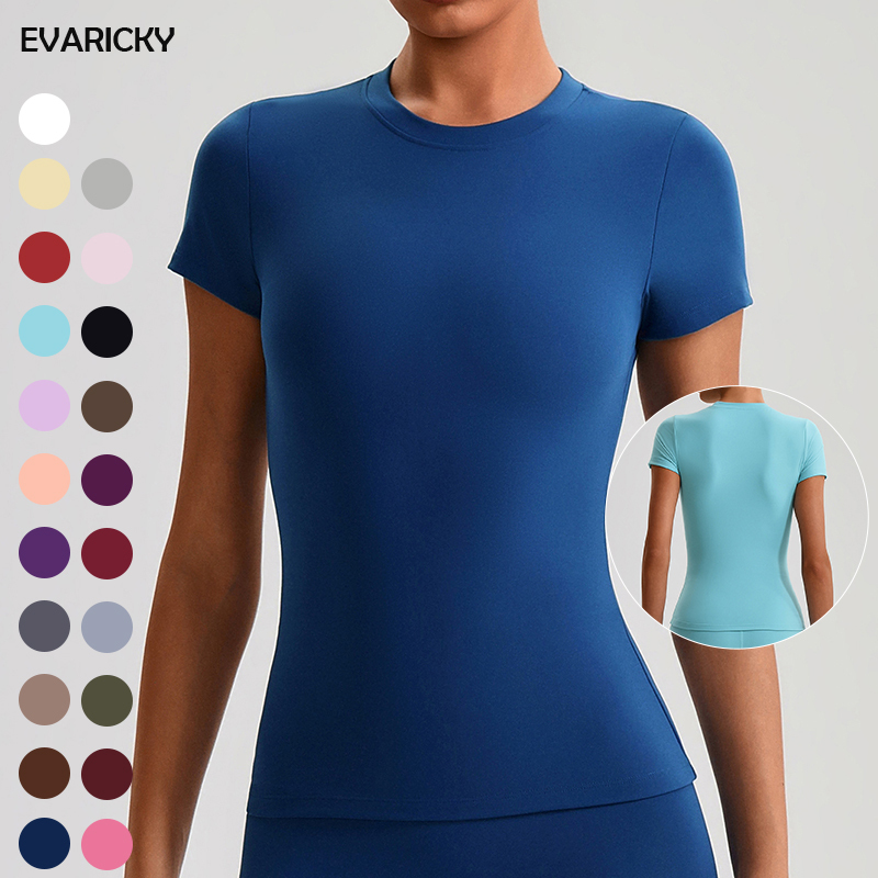 EVARICKY New Trend Women's Gym Fitness Short Sleeve Slim Fit Workout Top Summer Casual Yoga Running Sports T-shirt with Logo