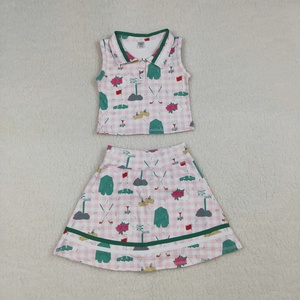 Tenue active 2 pièces à imprimé golf pour petites filles, ensemble haut sans manches et jupe à carreaux roses, vêtements décontractés d'été pour enfants - Product Image 5