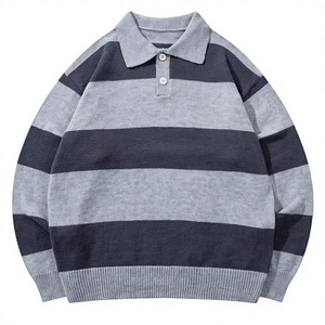 Men's Striped Knitted Pullover Sweater With Collar And Button Closure Autumn Wear Full Sleeve Regular Fit 100% Acrylic - Product Image 1