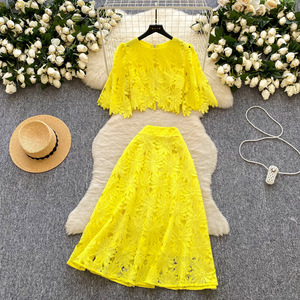 Abito di <span class=keywords><strong>pizzo</strong></span> a uncinetto francese di alta qualità camicia a maniche corte da donna di moda estiva gonna a vita alta - Product Image 1