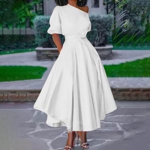 Vestido Midi Casual Elegante de Verão com Ombro Único, Cintura Alta, Assimétrico e Cor Sólida Estilo Vintage - Product Image 3