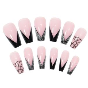 Uñas Postizas Francesas con Diseño de Piel de Serpiente, Color Negro y Rosa, Lujosas, Largas, Tipo Ballet, Uñas Postizas con Acabado de Manicura - Product Image 4