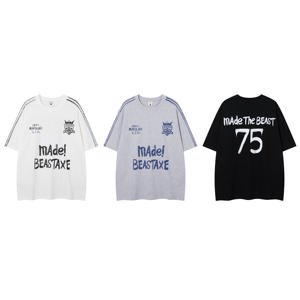 OEM 复古学院风涂鸦灰色短袖针织T恤男式超大宽松时尚图案常规袖 - Product Image 6