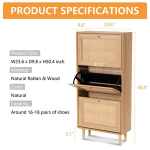 <strong>Shoe</strong> <strong>Storage</strong> With 3 Flip Drawers Hidden Freestanding <strong>Shoe</strong> Rack With Natural <strong>Rattan</strong> Doors Narrow Bamboo <strong>Shoe</strong> Cabinet - Product Image 4