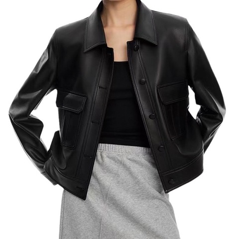 New Style Luxury Long Sleeves Single Breasted Cargo Coat Black Crop Real Leather Jacket