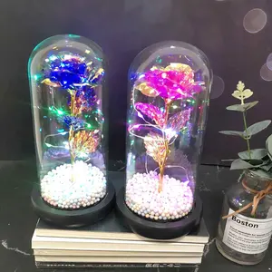E-1019 Colorful Gold Foil Galaxy Rose FlowerとLED Light In Glass DomeとGift Box