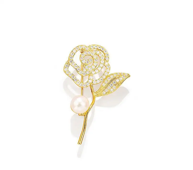 Go Party Fashion Rose Flower Brooches Pins Pearl Crystal Rhinestone Brooch Wedding Corsage Hijab Pin Coat Clothing Accessories