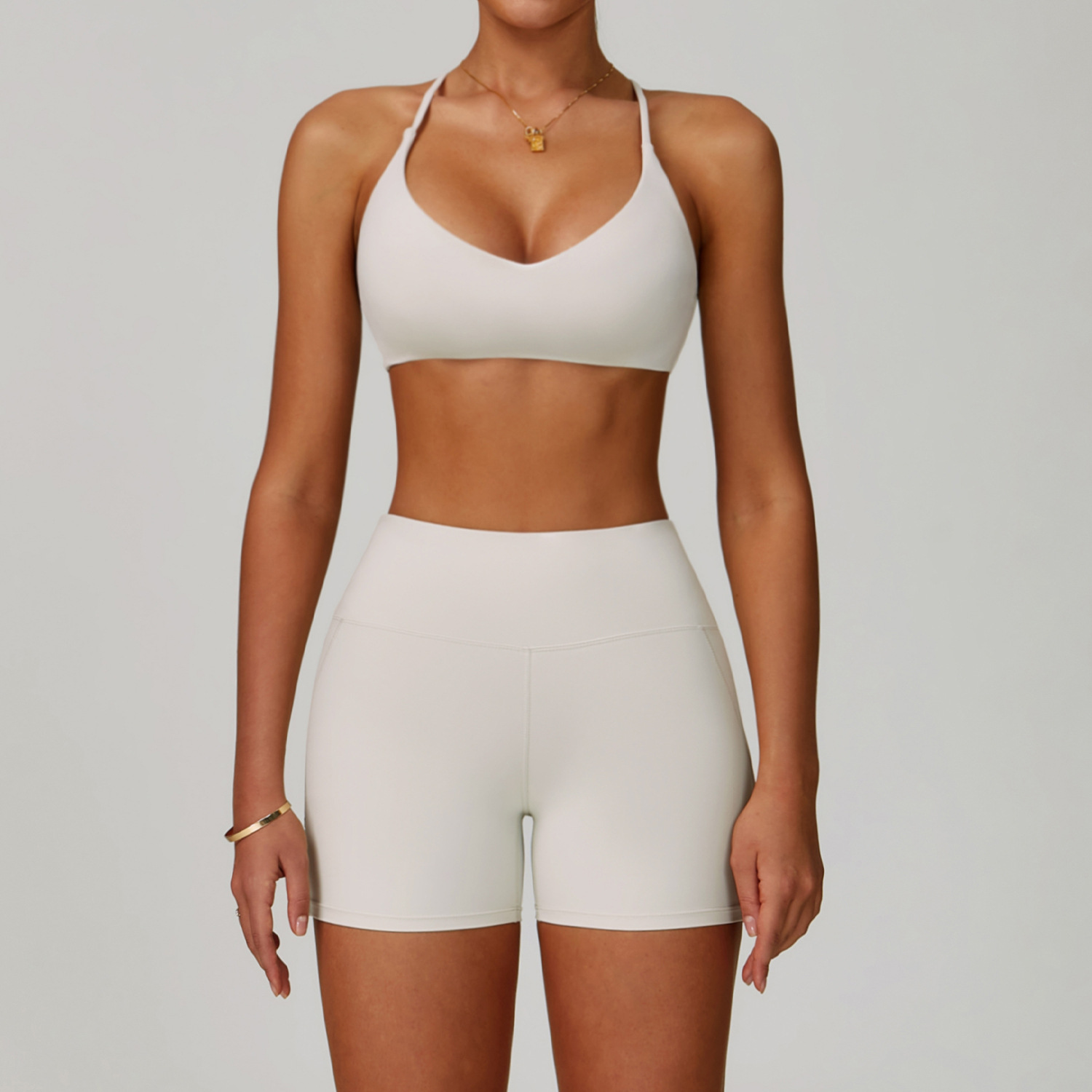Hanging Neck Bra+ Shorts (White)