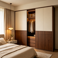 Armoire de chambre sur mesure avec porte coulissante, cadre foncé bicolore crème, éclairage LED, tringle de suspension, tiroirs et étagères, style moderne, OEM
