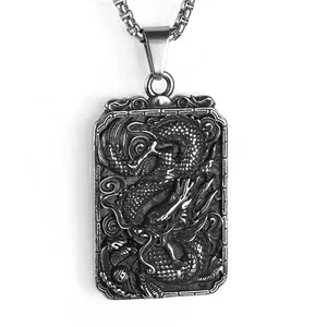 Chinese style dragon charm jewelry black silver stainless steel dog tag pendant