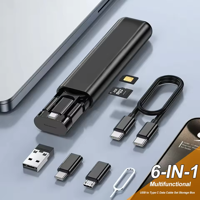 Creative Multifunctional Mobile Phone Accessories Kit 6-in-1 Data Cable Reader Type-C Storage 3A Fast Charge Portable Box