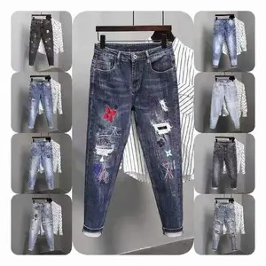 Прямая Продажа с фабрики, оптовая продажа, дизайнерские синие джинсы, мужские и женские рваные узкие эластичные джинсовые брюки, узкие мужские и женские брюки Je