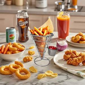 Panier à frites en forme de cône avec coupelle à sauce – Support métallique pour frites, idéal pour la cuisine, les pique-niques, les fêtes et les réceptions à domicile - Product Image 2