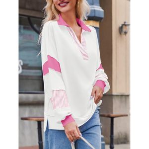 Sudadera Oversize de Bloques de Color para Mujer, Cuello Polo en V, Manga Larga, Casual, Holgada, Tejida Transpirable para Primavera - Product Image 5