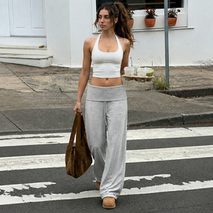 Women High Waist Fold Over Flare Pants Stretch Wide Leg Knit Pants Casual Loose Fit <b>drawstring</b> Lounge <b>Trousers</b> Solid Bell Bottom - Product Image 1