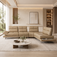 Canapé d'angle moderne en cuir véritable beige écologique avec dossier réglable et rembourrage en mousse pour appartements, hôtels et salons