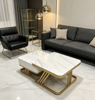 Table basse carrée de luxe léger avec plateau en pierre frittée ou verre trempé en option et meuble de rangement intégré – Table à thé combinée