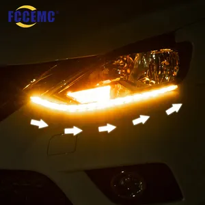 หลอดไฟ DRL LED 12V สำหรับขับรถ,ไฟ DRL แบบเส้นยืดหยุ่นกันน้ำไฟเลี้ยวไฟสีเหลืองสำหรับตกแต่งรถยนต์2ชิ้น