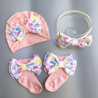 Topi bunga lucu bayi bulan penuh Set topi bayi pertama kaus kaki aksesori rambut putri dengan bunga untuk hadiah ulang tahun