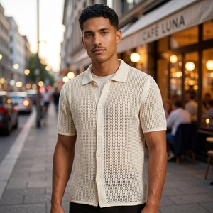 Chemise à manches courtes en tricot de haute qualité pour homme Joa, coupe classique, automne, cardigan fantaisie en pointelle - Product Image 5
