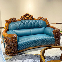 Ensemble de canapés en bois massif meubles de salon art de luxe européen sculpté première couche canapé sectionnel en cuir de vachette pour la décoration intérieure