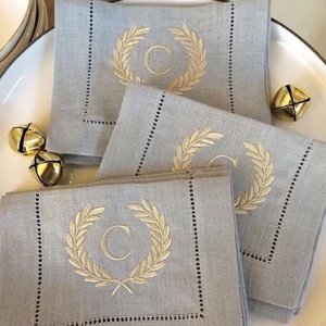 Hand Embroidery French Natural <b>Linen</b> Napkins Wedding Embroidered Napkins Hemstitch <b>Linen</b> Cocktail Napkins - Product Image 1