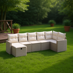 Conjunto de Sofás Modulares de Jardín en Poliratán Beige, 6 Plazas, Muebles de Exterior de Diseño Contemporáneo - Product Image 2