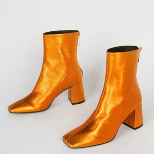 Bright Solid Color Women's Leather Short Boots Square Toe Back Zipper Ankle Booties 6cm Medium Chunky Heels <b>Shoes</b> - Product Image 5