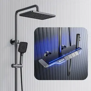 Conjunto de chuveiro inteligente moderno Kahnos Flux Exposed, conjunto de chuveiro de piano termostático com LED, com tela digital e chuva, ideal para uso em cascata