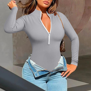Body de mujer sexy acanalado de una pieza con cremallera frontal, manga larga, color liso y parte inferior elástica - Product Image 4