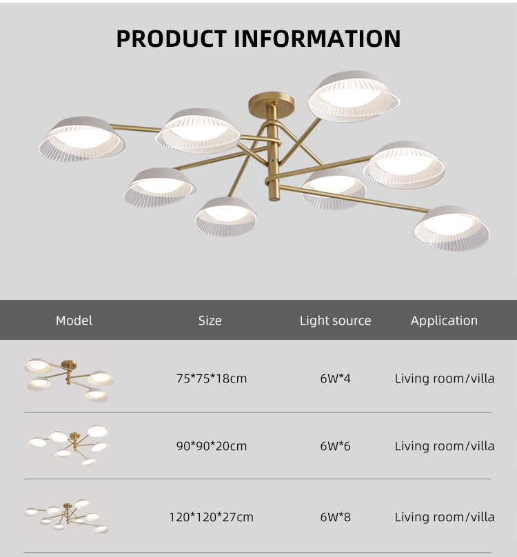 Modern Nordic Style 8 Lights Charataristic Acrylic PMMA Copper Frame Chandeliers Pendant Lights
