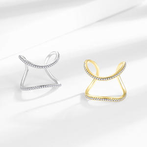 Anillo de Doble Curva en C con Incrustaciones de Diamantes, Chapado en Cobre para Mujer, Estilo Minimalista, Diseño de Línea Original, Oro, Plata, 18k - Product Image 4