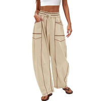 Pantalon large en velours côtelé taille haute pour femme OEM/ODM avec poches plaquées, taille élastique, cordon de serrage, plissé devant, anti-plis