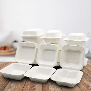 Composteerbare Clamshell Burger Box 6X6 Vierkante Scharnierende Container Milieuvriendelijke Natuurlijke Suiker Plantaardige Vezels Bagasse Bento Cake Box