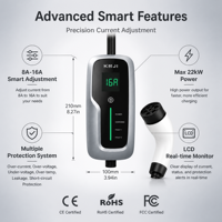 Chargeur de voiture électrique portable 16 à 32A réglable 250VAC IP54 étanche avec écran OLED et multiples protections de sécurité