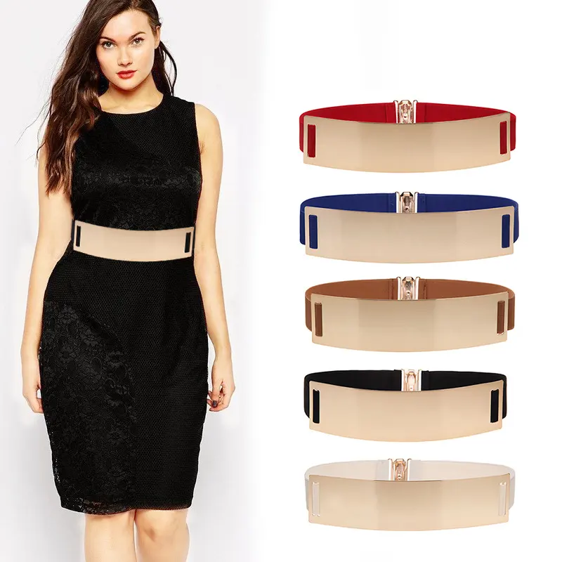 Gold Alloy Women Wide Belt for Dress Fashion Elastic Waist Belt Ladies Waistband