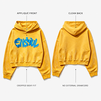 Sweat-shirt à capuche unisexe coupe courte, 480 g/m², effet vintage délavé, sans poche, avec logo patch effiloché, coupe oversize, style streetwear épais