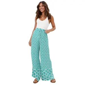 2024 Wholesale Chic Clothes Customized Women Summer Green pink Boho Geometric Print Drawstring High Waist Flared Pants
