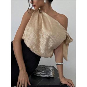 Women's Off Shoulder Satin Crop <b>Top</b> Asymmetric One Shoulder Wrap Tie Blouse Elegant Party Wear - Product Image 5